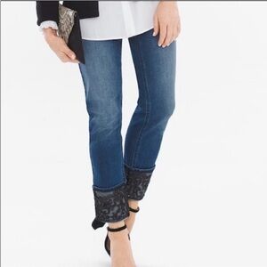 Chico’s Lace Cuff Ankle Jeans Size 1R Dark Wash So Slimming Girlfriend Sequins